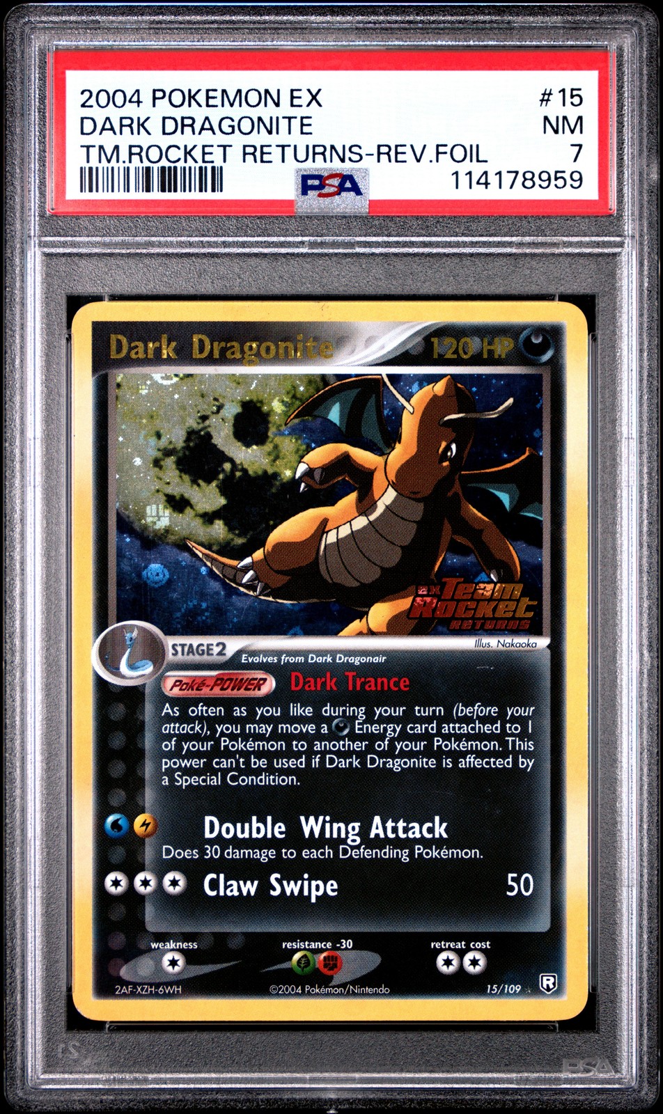 2004 POKEMON EX TEAM ROCKET RETURNS #15 DARK DRAGONITE-REVERSE FOIL PSA 7