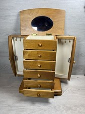Vintage Wooden Jewelry Box Armoire with Mirror 5 Drawers & Side Doors Tabletop 