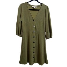 Loft Green Button Front Dress Ballon Sleeve Flowy Strechy Knit Women's Medium
