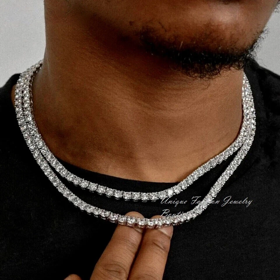 18k 铂金填充模拟钻石 5 毫米圆形切割网球链项链男女通用 — 第 4/4 张图片