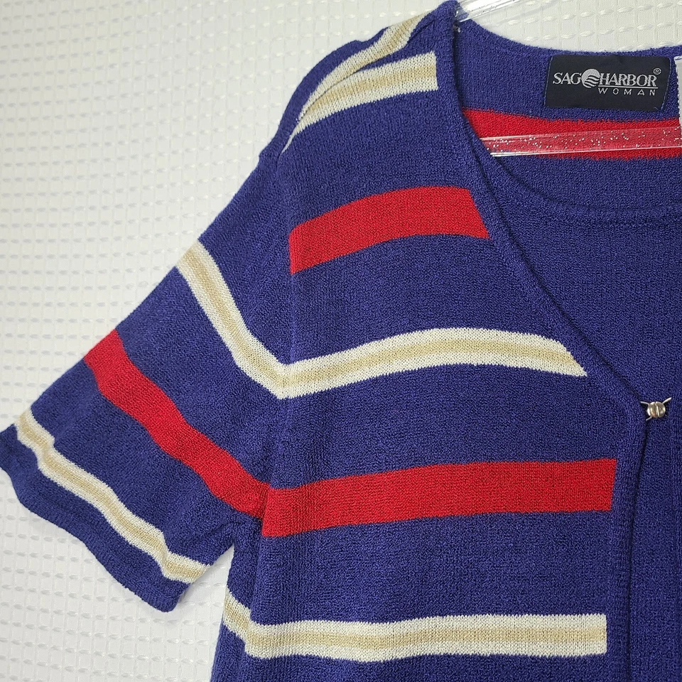 复古 Sag Harbor 女士 1X Plus 红色/白色/蓝色毛圈布开衫 带卡米 — 第 3/4 张图片
