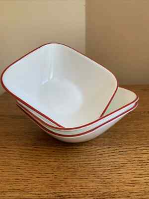 SET OF 3 Corelle SPLENDOR 6-1/4'' SQUARE Cereal Soup Bowls; Red Trim; Excellent