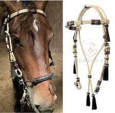 Headstall Natural Cow Rawhide 16 Plaits, Headstall with Mane Horse Hair Tassels,