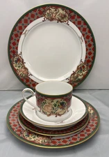 5 Pc. Place Setting Noritake Royal Hunt Green Band Plaid Border Fruit & Animals