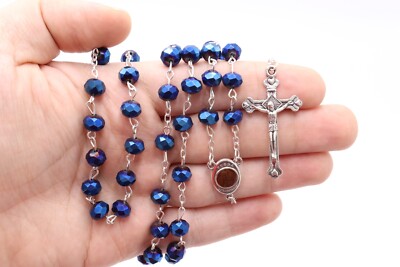 Blue Crystal Beads Catholic Rosary Necklace Holy Land Cross Men Women Jewelry