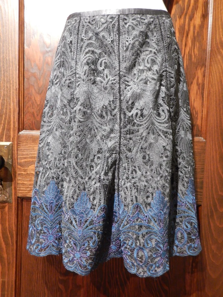 PETER NYGARD богато украшенный серый синий кружева вышивка труба панель юбка 4 S 2E - Изображение 2 из 4