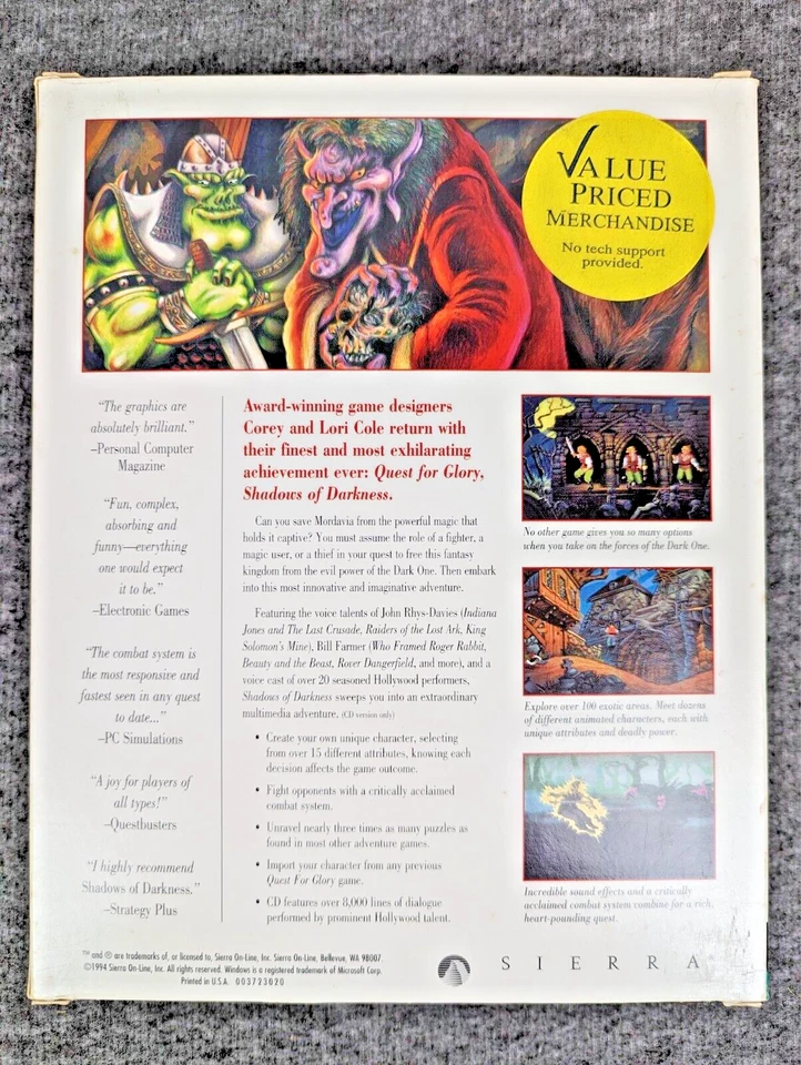 Quest for Glory: Shadow of Darkness - Sierra - 1994 Windows CD - Big Box CIB - Image 2 of 4