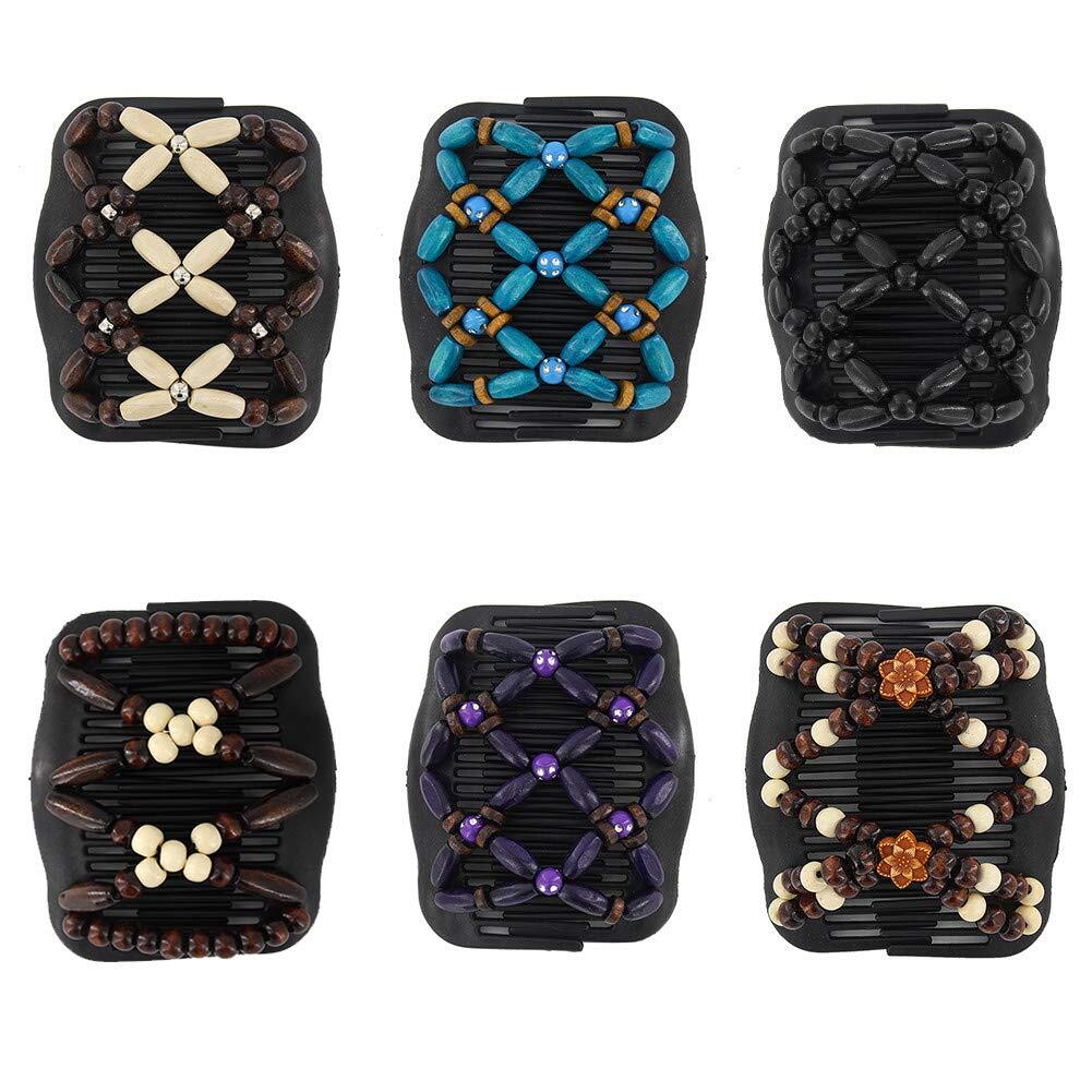 Magic Hair Side Combs For Women Wood Beaded Stretch Double Clips Bun Maker Hair 