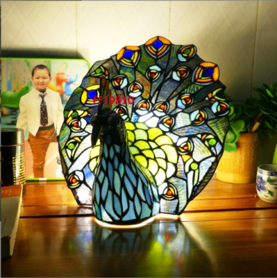 Tiffany Style Peacock Light Table Lamp Stained Glass Night Desk