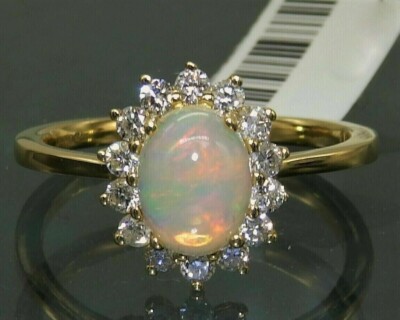 Oval Cut Simulated Fire Opal Halo Engagement Ring 14K Yellow Gold  Plated