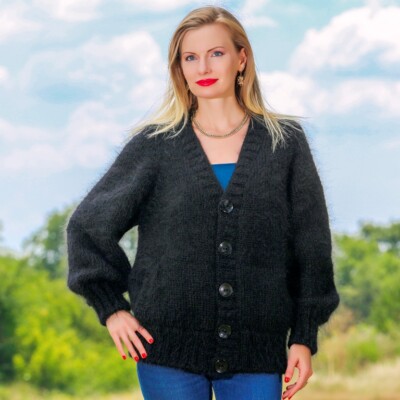 Fuzzy mohair cardigan thick sweater V neck warm hand knitted