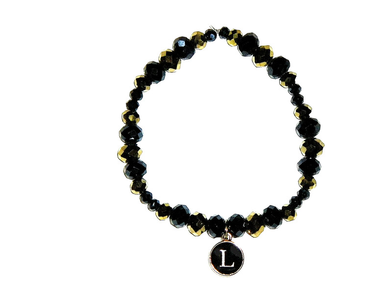 INITIAL "L" CHARM (BLACK) BEADED BRACELET (7 3/4"):  HAND-MADE JEWELRY BY T.L.C.