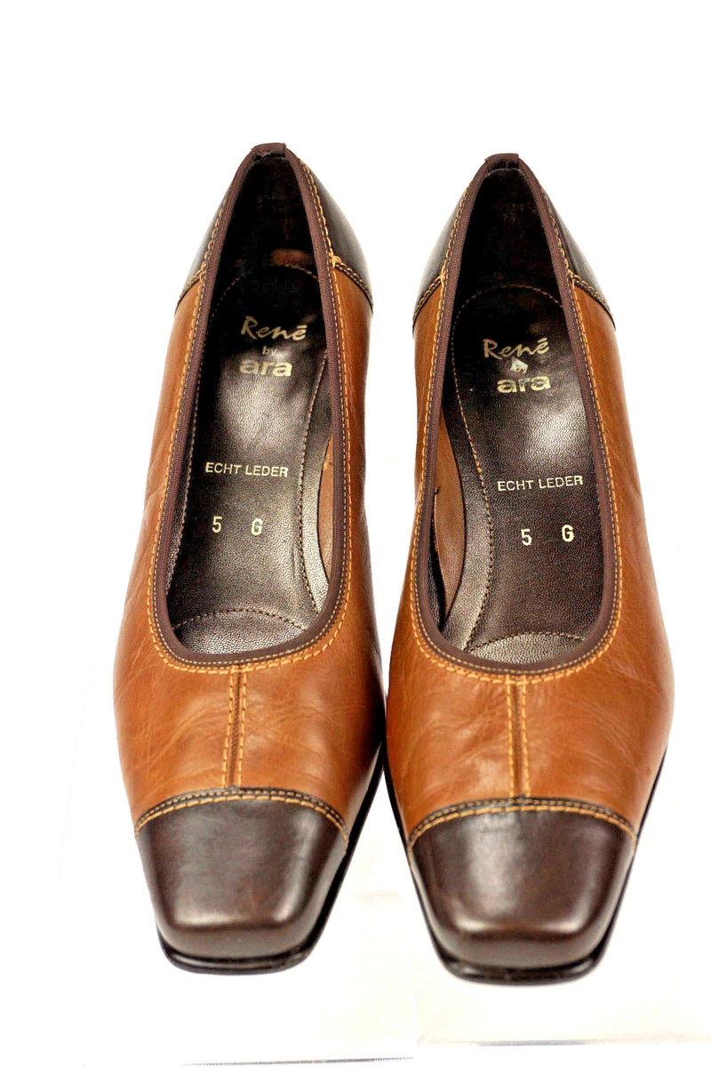 Rene By Ara Brown Leather Low Classic Pump Heel 2 tone Shoes Size 5G 8M US