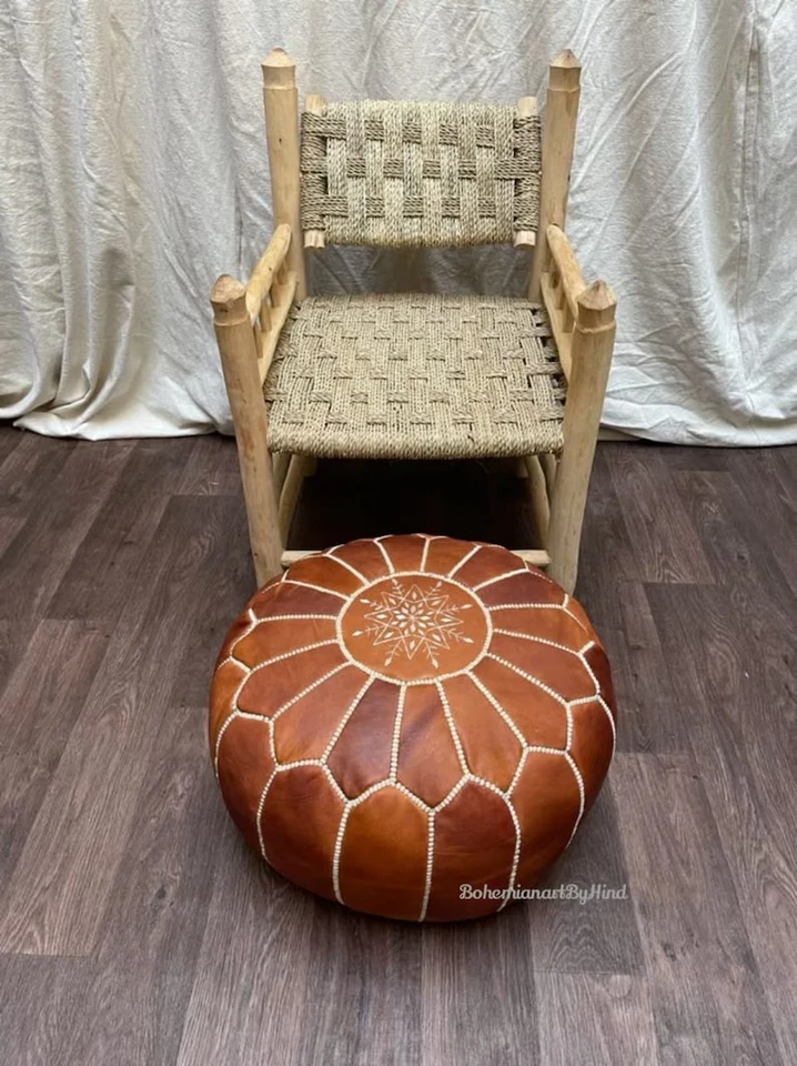 Relaxing Retro Ottoman Unstuffed Leather Moroccan Pouffe Handmade - Image 2 of 4