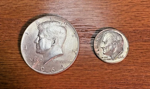 1964 Kennedy Half Dollar,& 1964-D Roosevelt Dime,Good Condition.