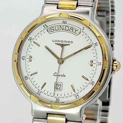 LONGINES Conquest Quarz weißes Zifferblatt vergoldet Datum Herren Armbanduhr