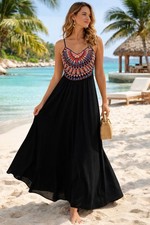 Soieblu Embroidered Maxi Dress Black Boho Tribal Fit Flare Size S