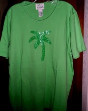 NWT 🦋💎💥QUACKER FACTORY💥💎🦋 Short Sleeve Sequined Palm Tree Top L