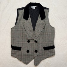 Vintage Plaid Vest 90s Preppy Women s Large Made In USA Velvet Trim Buttons