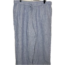 Talbots 100 Linen Blue White Striped Pants Women's Size 14P Coastal Wide Leg