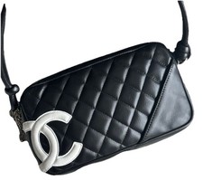 Authentic Chanel Black Lambskin Quilted Camera Bag With Large White CC Logo