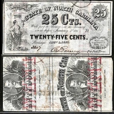 (20) Twenty Jan 1, 1863 Raleigh NC State of North Carolina 25¢ S/N 2617 A Thru T