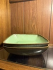 Set of 2 Vintage Frankoma Pottery 8.75” Square Bowls in Prairie Green - CHIPS