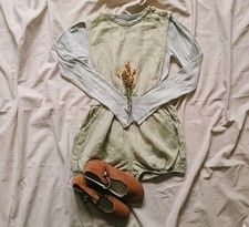 Soor Ploom Fernanda Playsuit 8/9Y Fits 7Y Green Linen Romper  Heirloom Kids