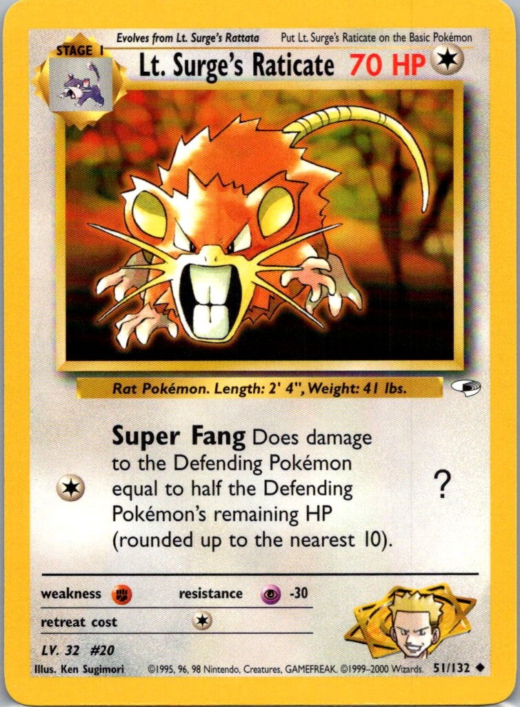 Pokemon TCG Lt Surges Raticate 51/132 Gym Heroes NM