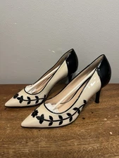 Orlandi Valentino Heels 38 US 7.5–8 Cream/Black Patent Floral Detail New