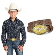 Kids Western Belt for Boys Girls, Embossed fit waist size 26"-29" A Bull-brown