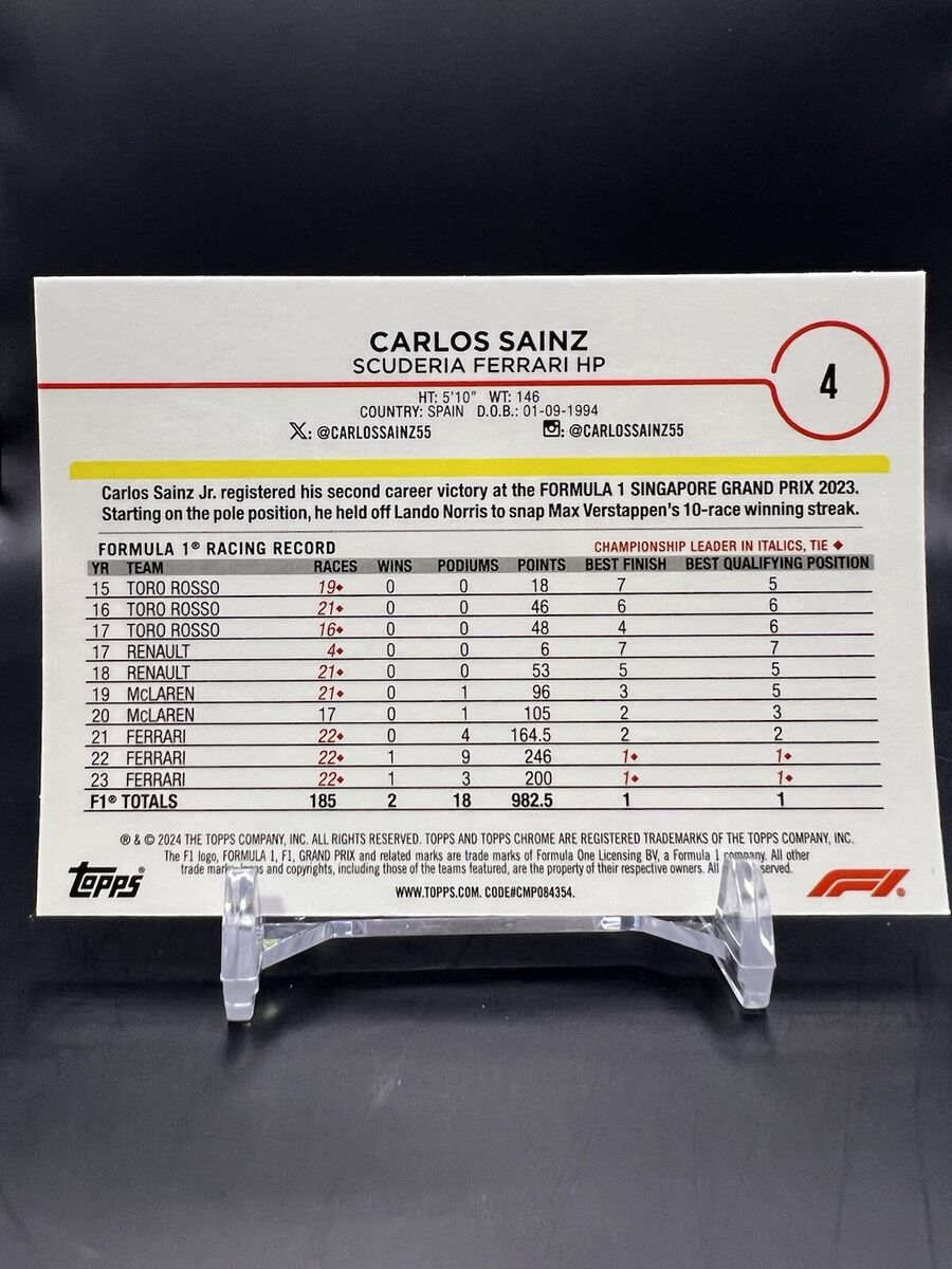 2024 Topps Chrome Formula 1 CARLOS SAINZ #4 F1 PORTRAIT BASE 2024 Topps Chrome Formula 1 CARLOS SAINZ #4 F1 PORTRAIT BASE