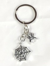 Silver Tone Metal Keychain Keyring Spider Spiderweb Halloween Horror