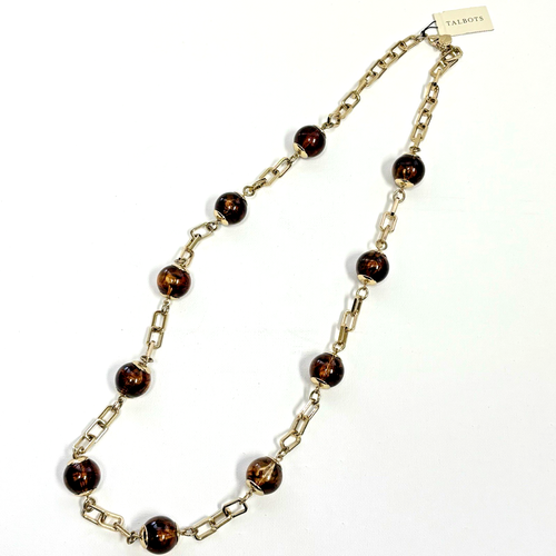 TALBOTS Amber Lucite Ball Bead Gold Tone Rectangle Chainlink Necklace NWT BOX - Picture 2 of 7