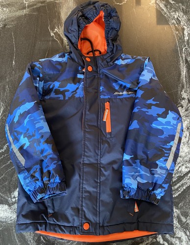 Eddie Bauer Ski Jacket kids Size XS 5/6 Boys Camo Blue Orange Hooded 3-1 Coat - Picture 3 of 6