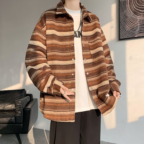 Giacca giubbino uomo a righe giapponese vintage moda tessuto sciolto taglie forti nuovo - Foto 4 di 9