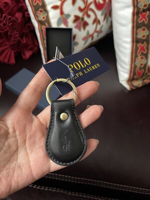 Ralph Lauren Polo Keychain Key Ring Fob Black Embossed Leather New