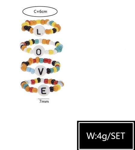 A set of 4 LOVE Letters Memory Wire Colourful Bead Stretch Rings Beaded Ring UK - Picture 2 of 2