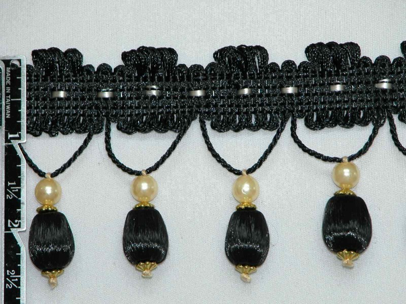 3 yards -  Tassel Fringe Trim Ball Ivory Bead Black Color