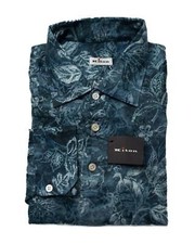 Kiton 995 Blue White Floral Long Sleeve Positano Polo Lightweight Linen Shirt M