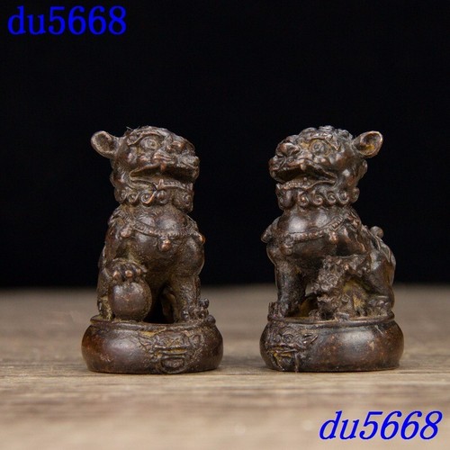 China dynasty Red copper sacrifice fengshui Fu Foo Dog Lion beast ornaments pair - Picture 4 of 9