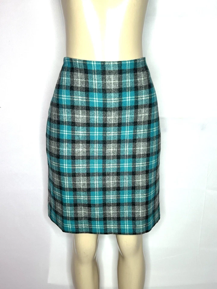 TALBOTS GRAY TURQUOISE PLAID WOOL STRAIGHT PENCIL SKIRT FULLY LINED 12