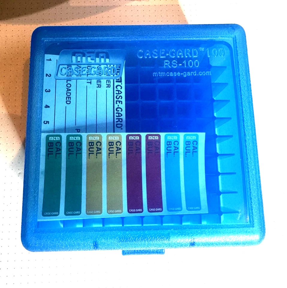 MTM RS 100 Patronenbox Klappdeckel Schanier 100 Stück Tranpar. Blau