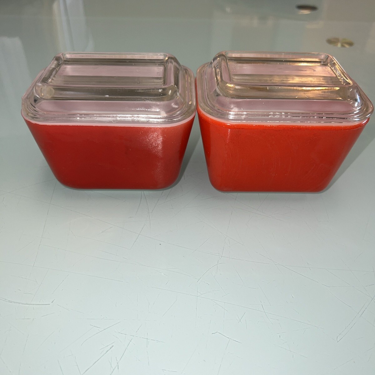Set Of 2 Vintage Pyrex Fridgies With Matching Lids Primary Red