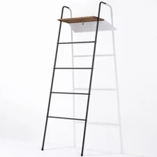 5-Layer Black Metal Wall-Leaning Blanket Ladder Rack with Shelf for Living Room