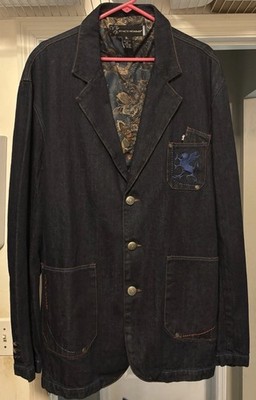 Stacy Adams Denim Blazer Jacket XXL Embroidered Griffin, Paisley, Funky Pocket