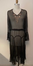 VTG black silk chiffon 1920's dress w/matching slip LARGE GORGEOUS RARE 2 PC