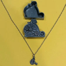 Torino Vintage Pewter Trinket Box Penny Farthing Necklace, Earrings, Brooch Set