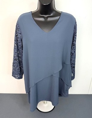 Susan Graver Blue Liquid Knit with Chiffon Tiers Lace Sleeves Tunic Top Size Sma