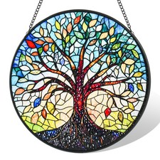 Stained Glass Window Hanging, Colorful Tree of Life 7.8x7.8 IN,